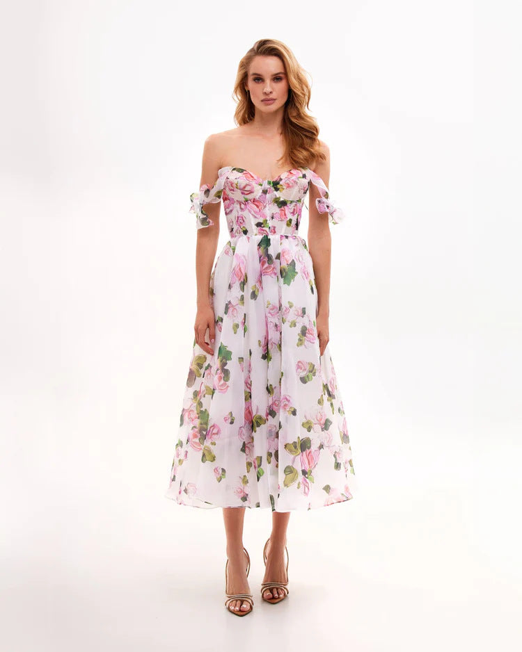 Women's floral dress with off-the-shoulder design