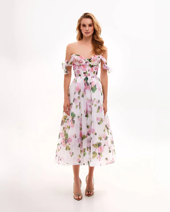 Women's floral dress with off-the-shoulder design