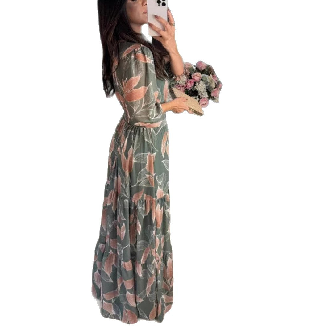Maxi dress for women with colorful leaf pattern and fitted belt Lune London