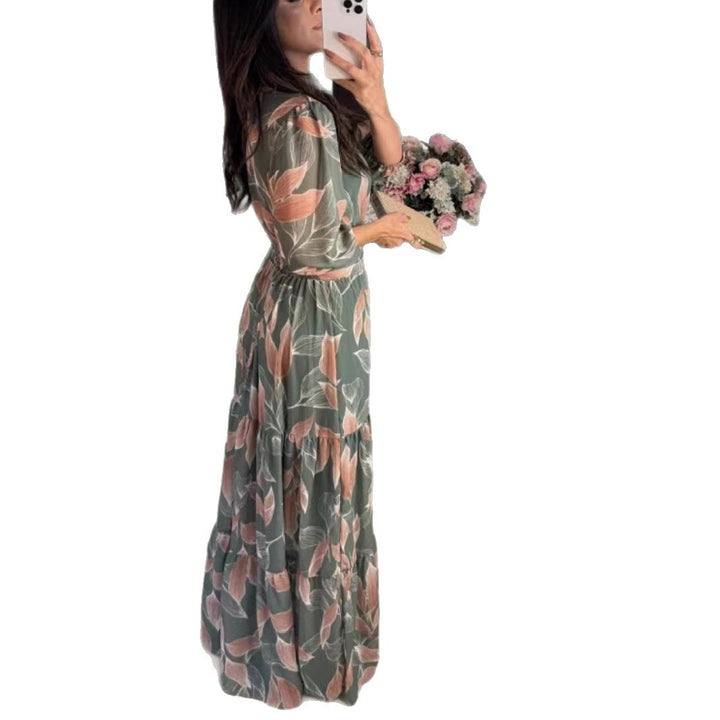 Maxi dress for women with colorful leaf pattern and fitted belt Lune London