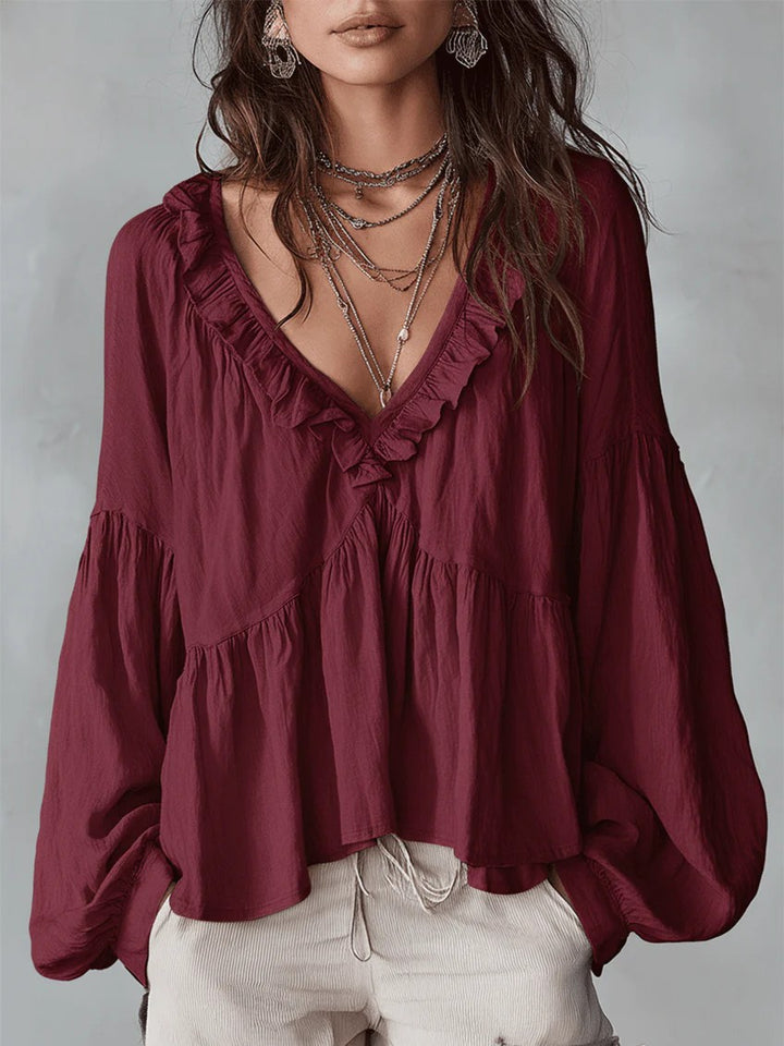 Women's Flowing Top with Ruffled Details and V-Neck Lune London