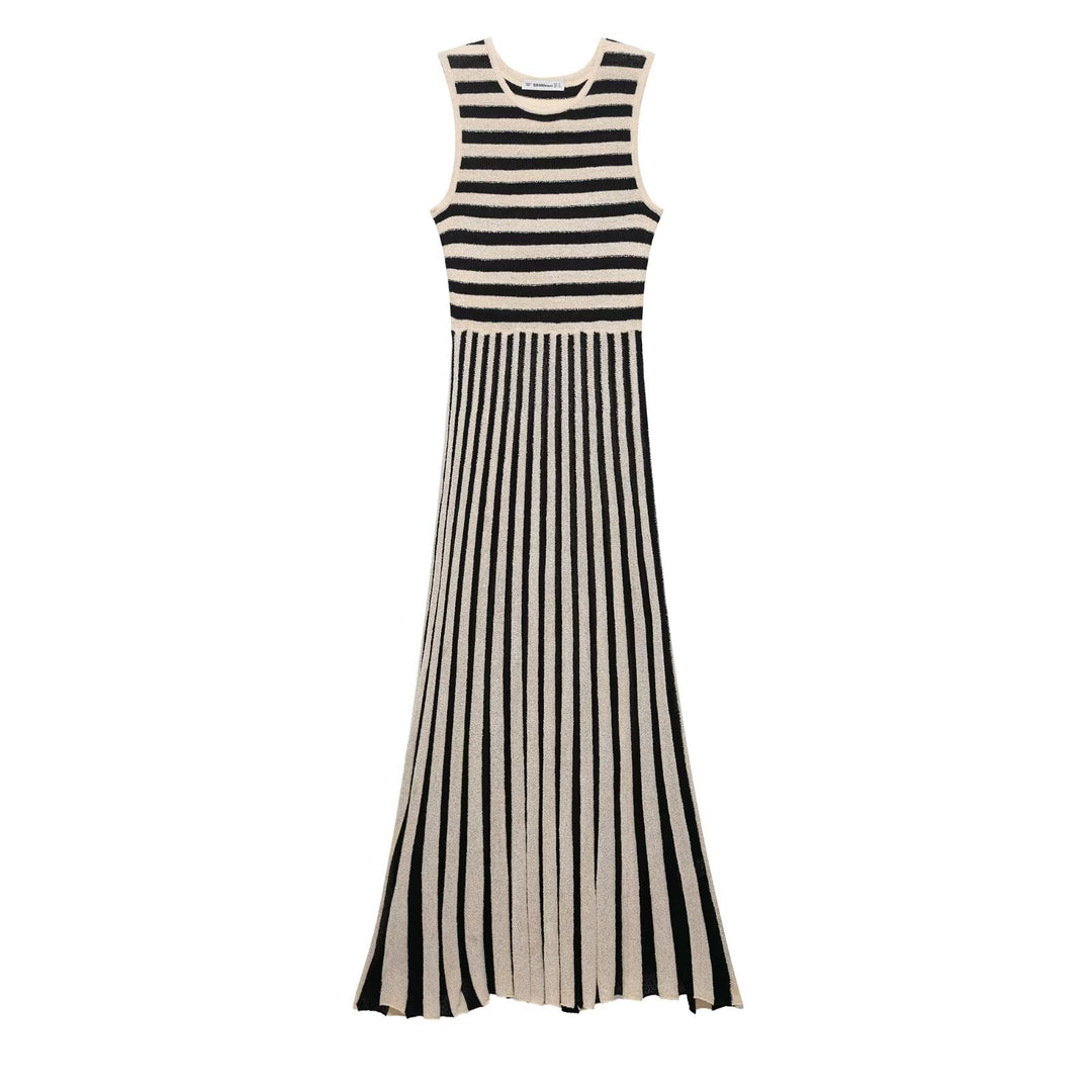 Maxi dress for women with an asymmetrical stripe pattern and elegant ruffle trim Lune London