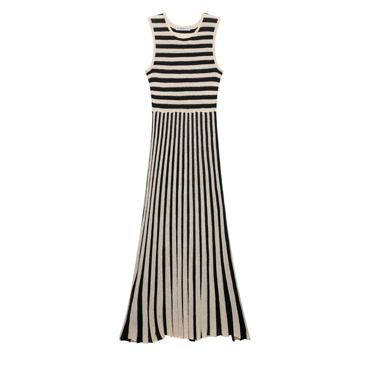 Maxi dress for women with an asymmetrical stripe pattern and elegant ruffle trim Lune London