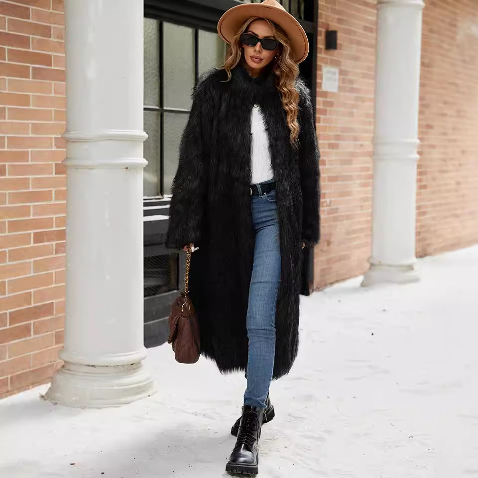 Ladies Long faux fur coat with high collar and pockets Lune London