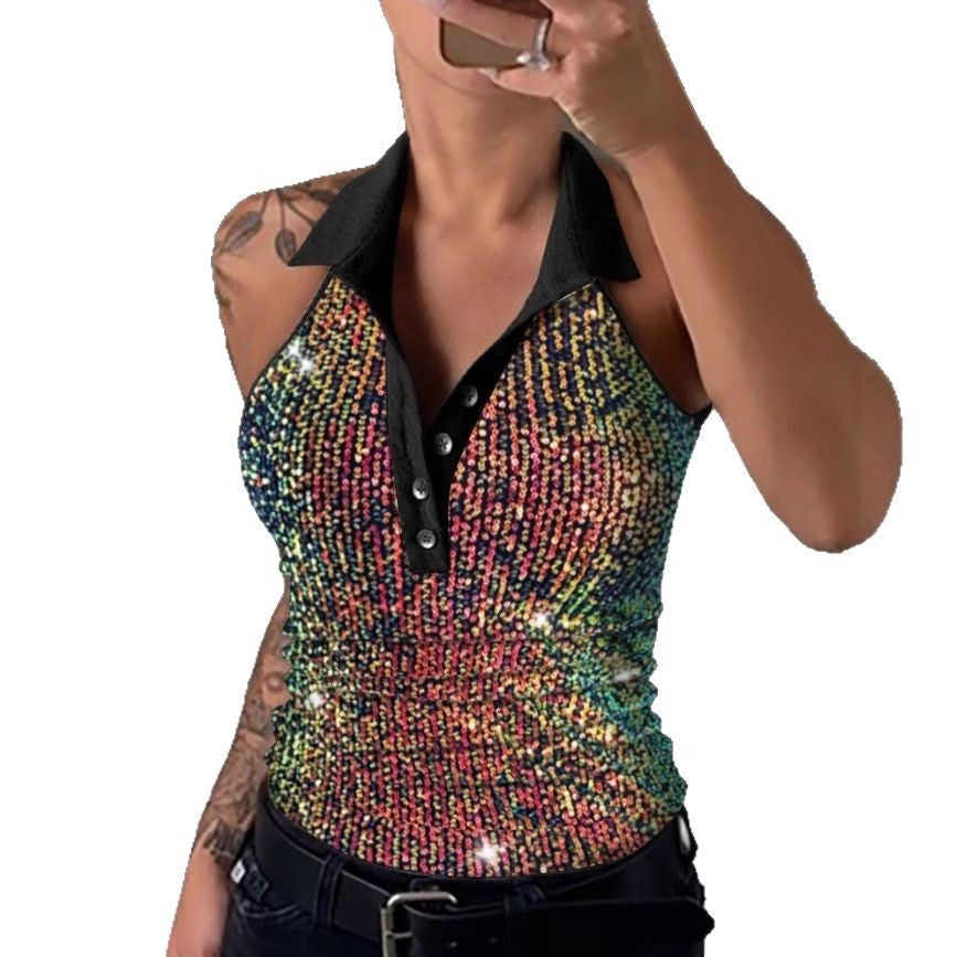 Women Leopard Pattern Chic Sequin Polo