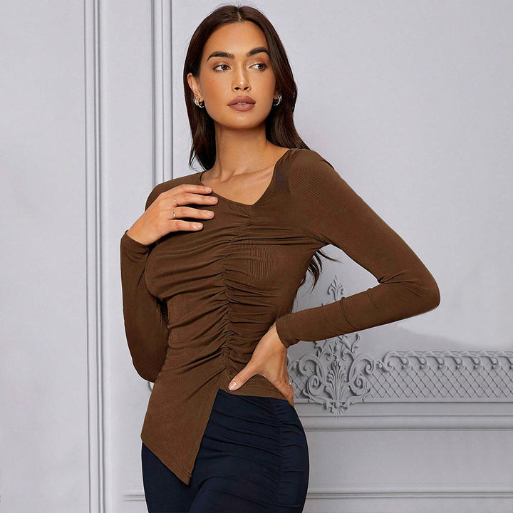 Haut ajusté à manches longues femmes avec design de drapage asymétrique Chic & Stil