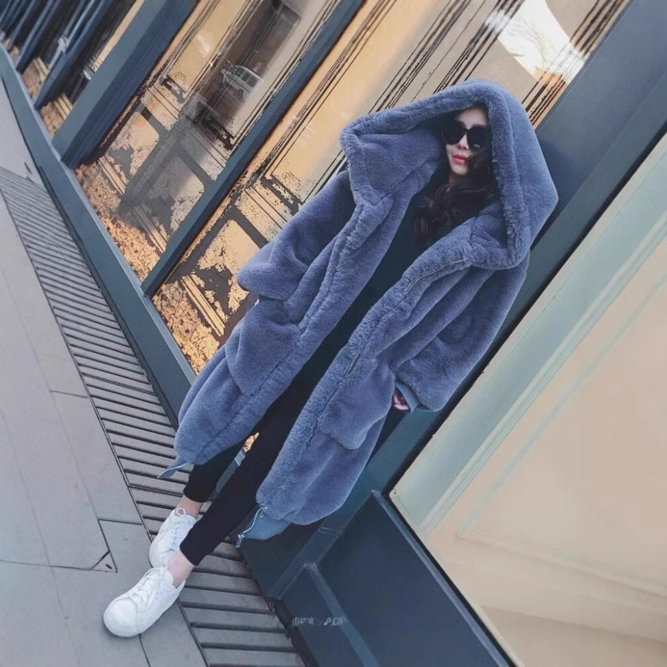 Ladies Oversized Faux Fur Coat with Hood and Pockets Lune London
