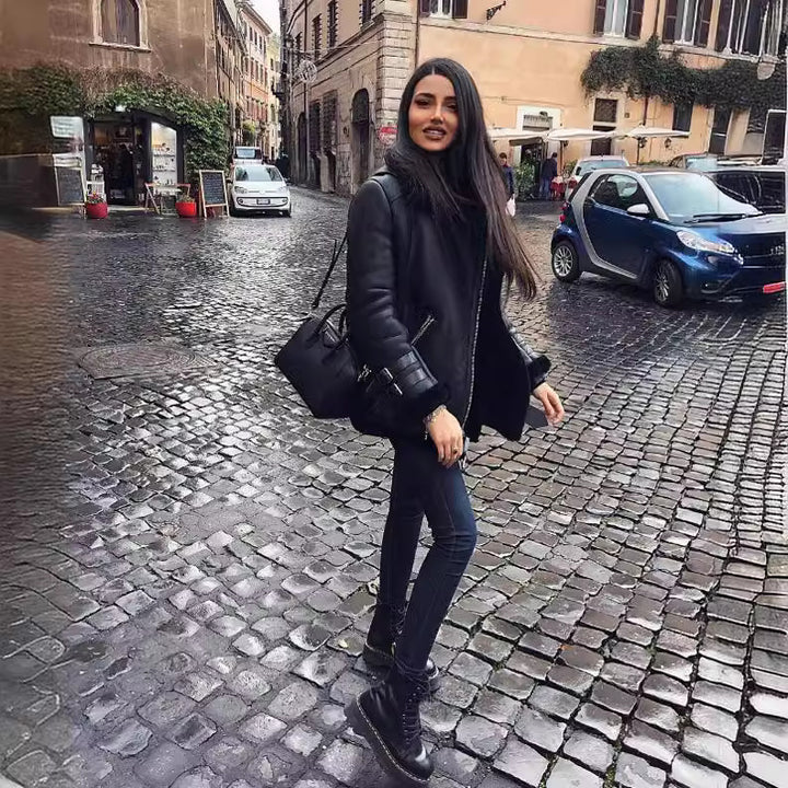 Fashion leather jacket for women with faux fur collar and asymmetrical zipper Lune London
