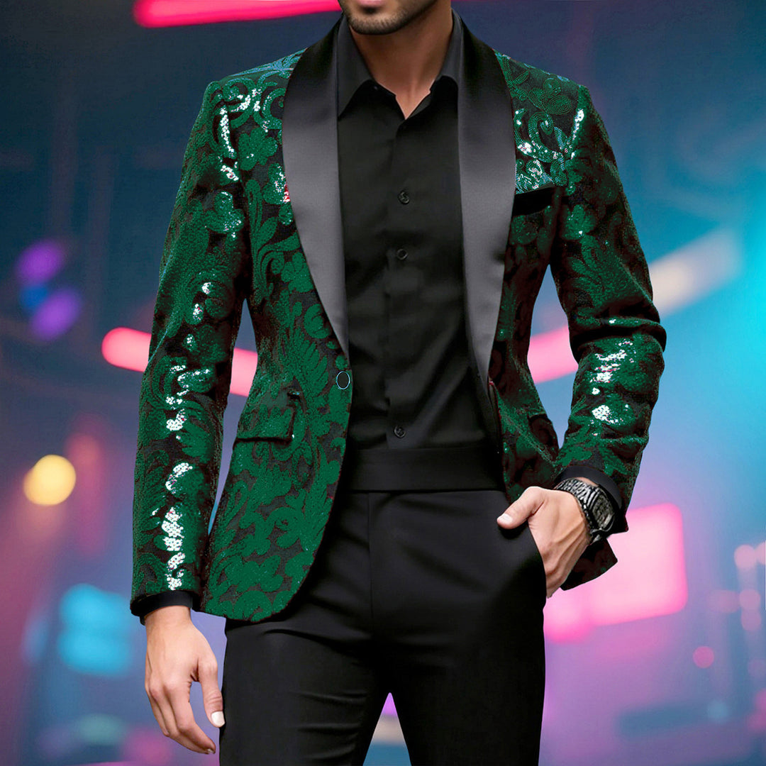 Shimmering suit blazer for men with sequin floral patterns Lune London