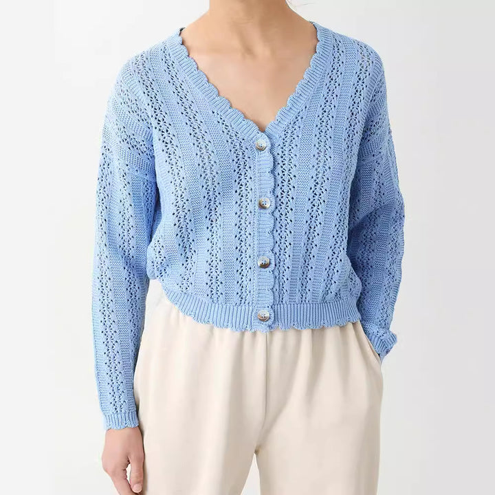 Knitted cardigan for women with feminine ruffles and button details Lune London