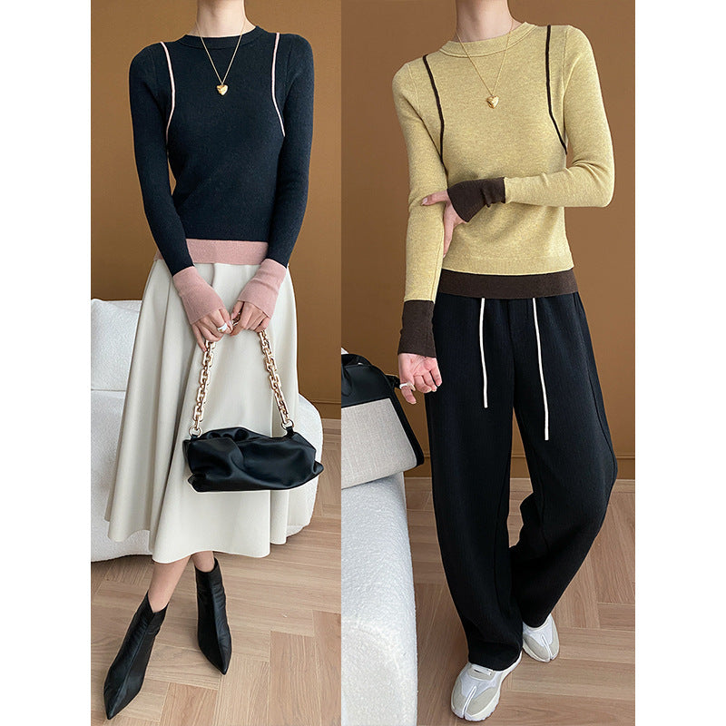 Ladies elegant round neck sweater with contrasting sleeves and fine ribbed texture Chic & Stil