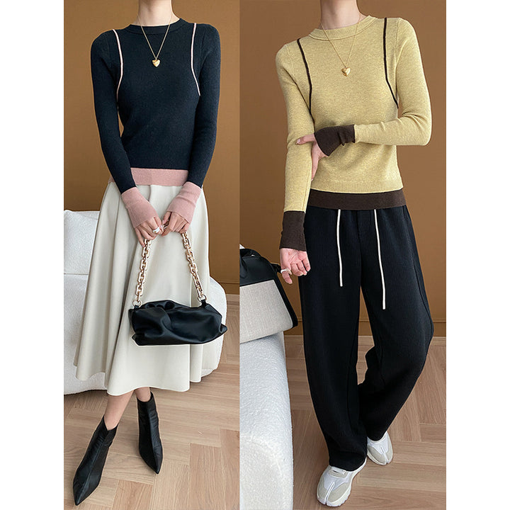 Ladies elegant round neck sweater with contrasting sleeves and fine ribbed texture Chic & Stil
