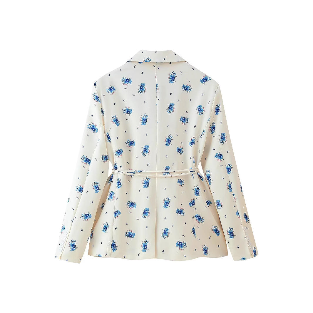 Women Fashion Blazer Jacket with Floral Design and Adjustable Tied Belt Lune London