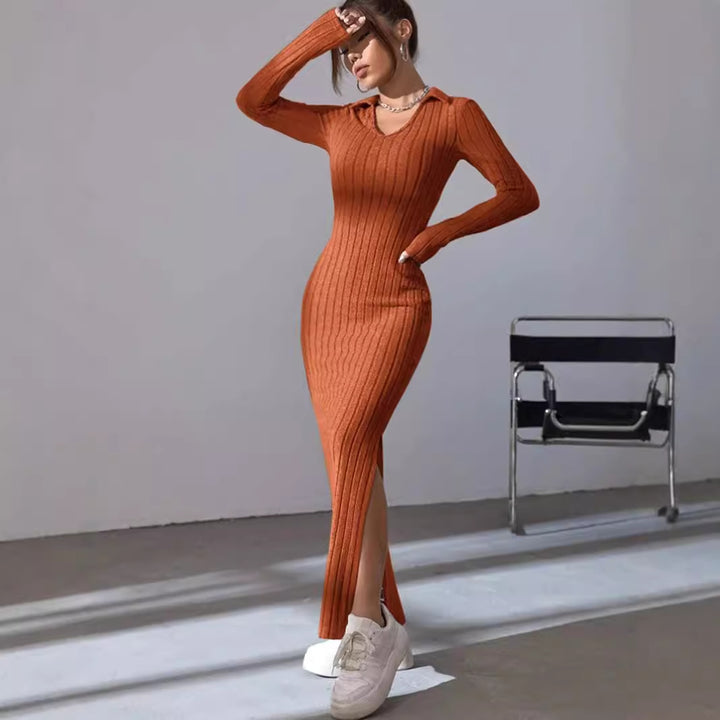 Ribbed long sleeve dress for women with slit and collar Lune London