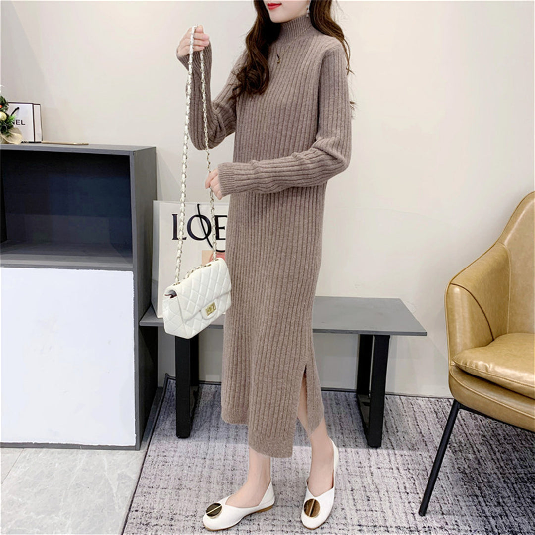 Maxi knit dress for women with high collar and fine ribbed structure Lune London