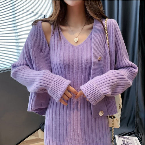 Ensemble en tricot confortable pour femmes avec col en V et détail de bouton tendance Chic & Stil
