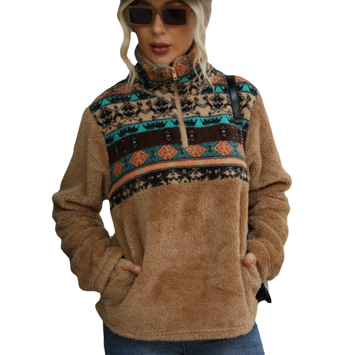 Fleece sweater for women with decorative zipper and modern pattern Lune London