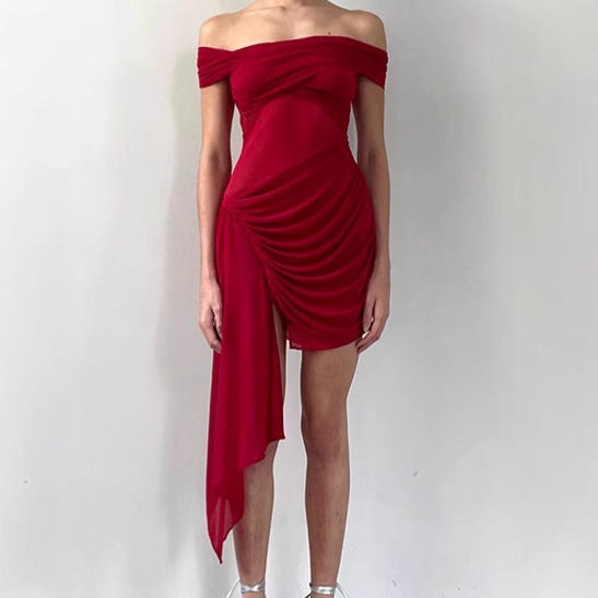 Mini off-shoulder dress for women with ruffle details and transparent inserts Lune London