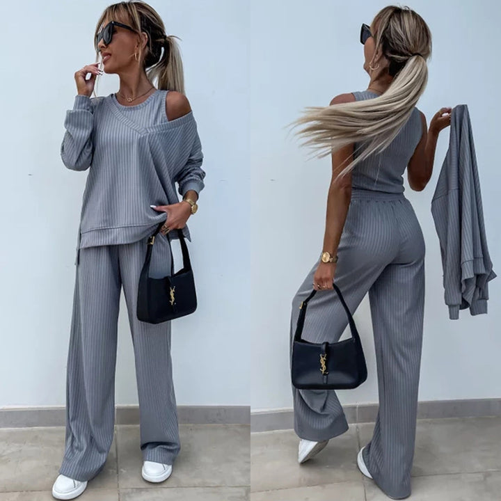 Lune London women's ribbed knit casual set with asymmetrical cutouts