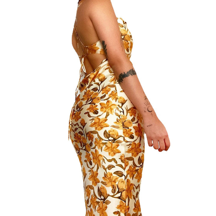 Women's Satin Maxi Dress with Floral Draping and Spaghetti Straps