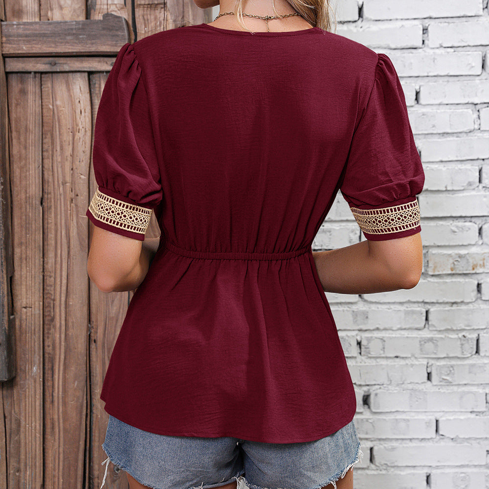 Women's trendy top with V-neckline and delicate lace embellishments Lune London