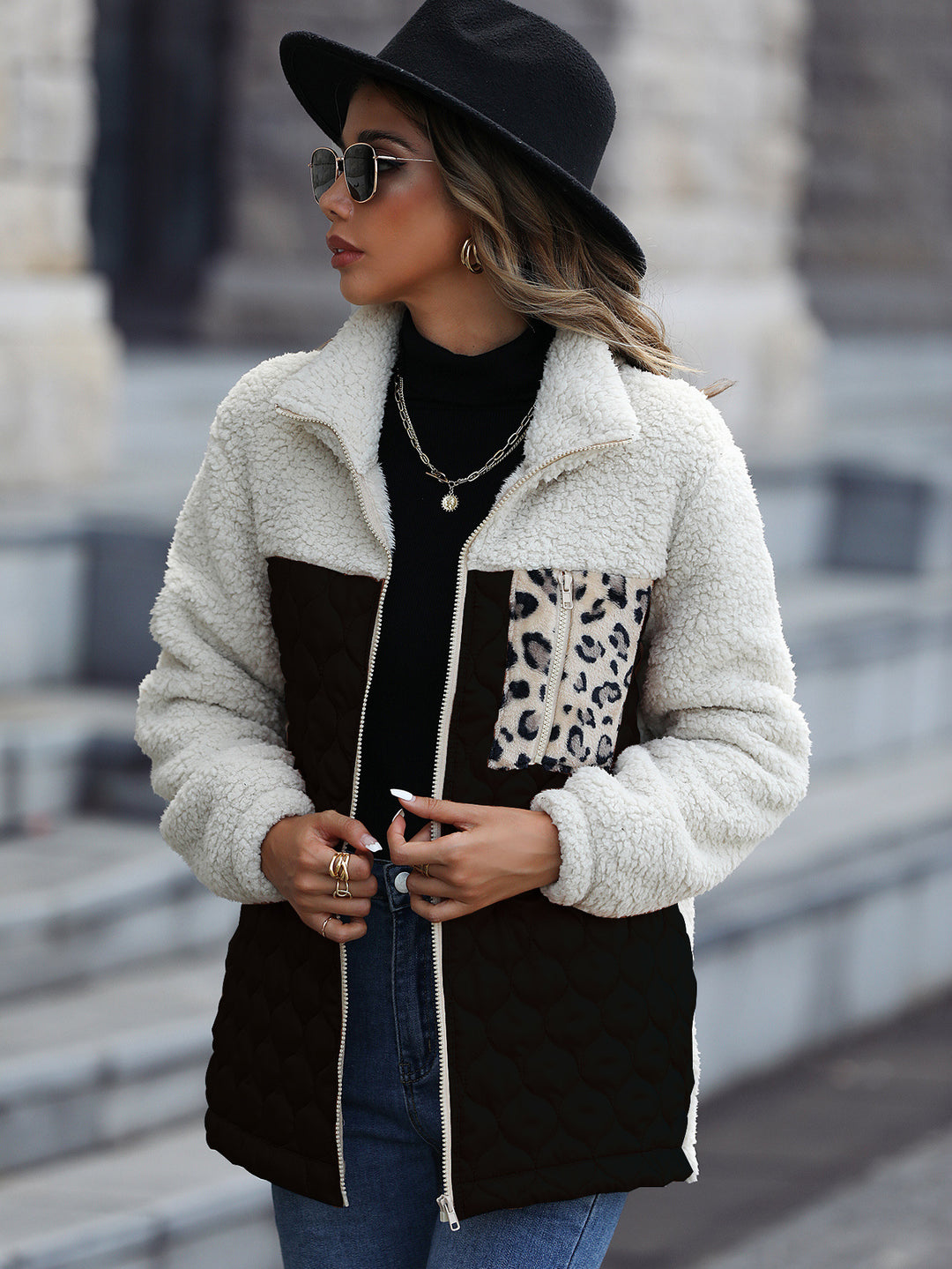Women's fleece jacket with modern patchwork details and a chic animal print