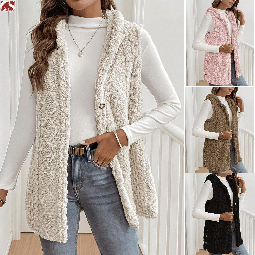 Women Plush Gilet with Large Pockets and Elegant Collar Lune London