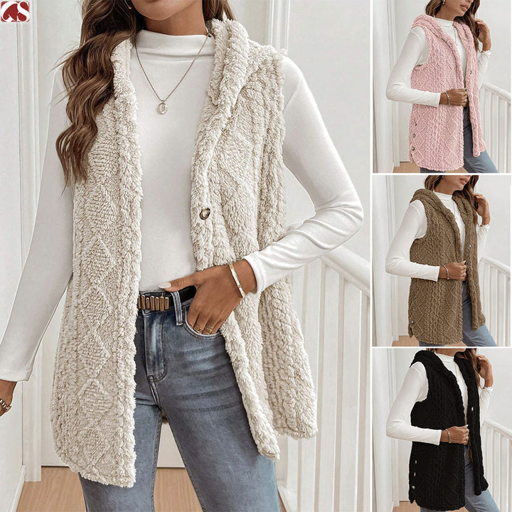 Women Plush Gilet with Large Pockets and Elegant Collar Lune London