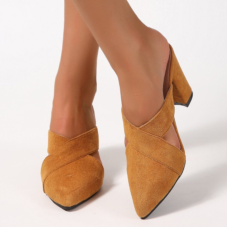 Women’s mules with elegant crossover strap and comfortable block heel Lune London