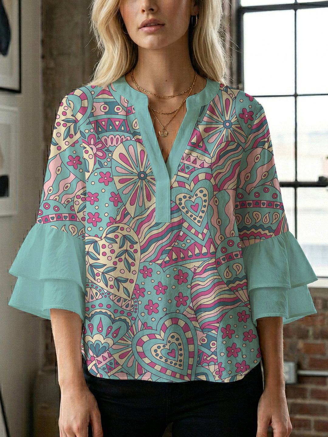 Ladies elegant blouse shirt with voluminous puff sleeves and graphic floral design Lune London