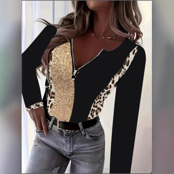 Ladies Shiny top with zipper and animal print Lune London