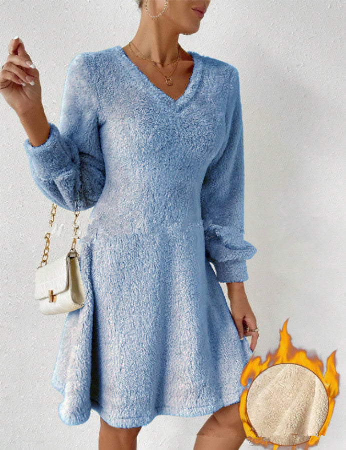 V-neck plush dress for women with long sleeves and flared hem Lune London
