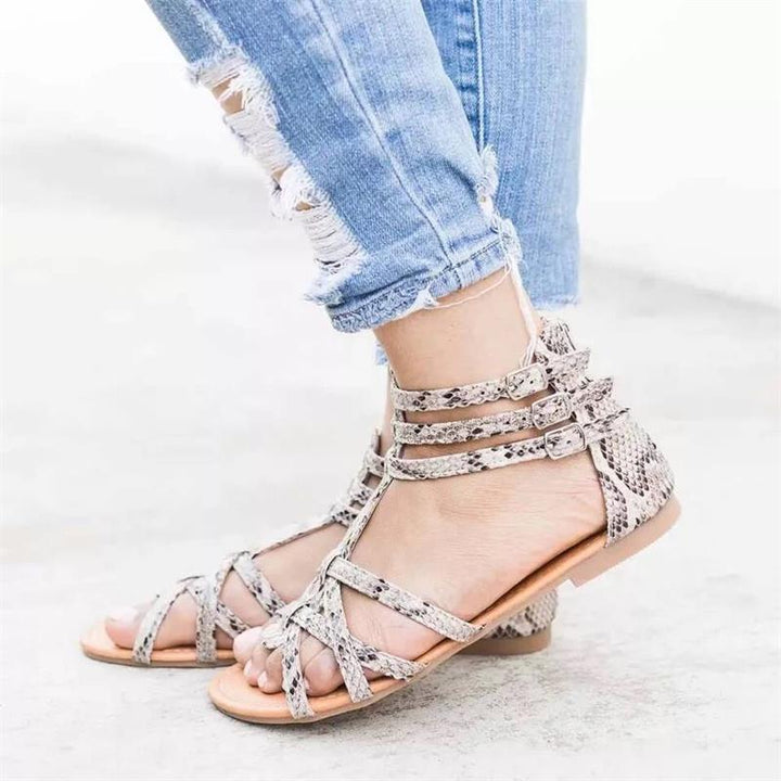 Women’s strappy sandals with graphic pattern and adjustable ankle strap Lune London