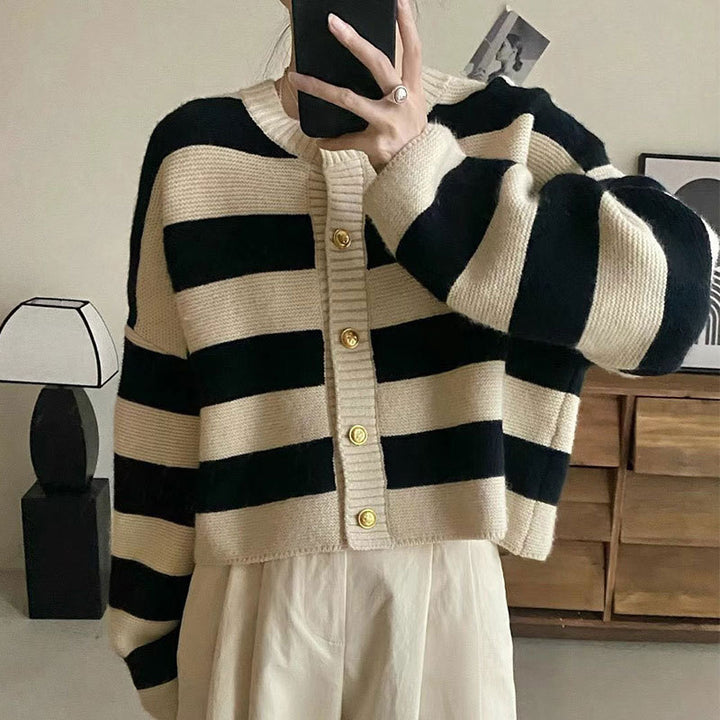 Women's knit jacket with decorative striped pattern and gold buttons Lune London