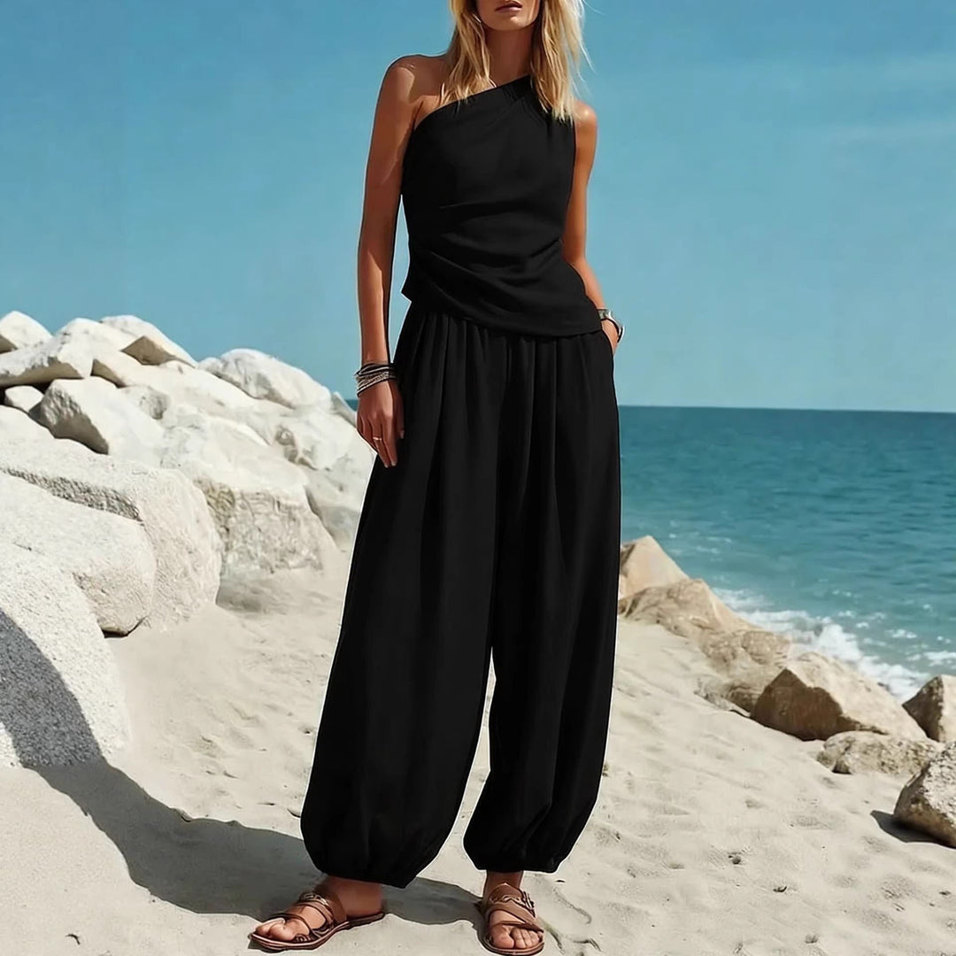 Ladies Elegant One-Piece Outfit with Flowing Cut and One-Shoulder Design Lune London