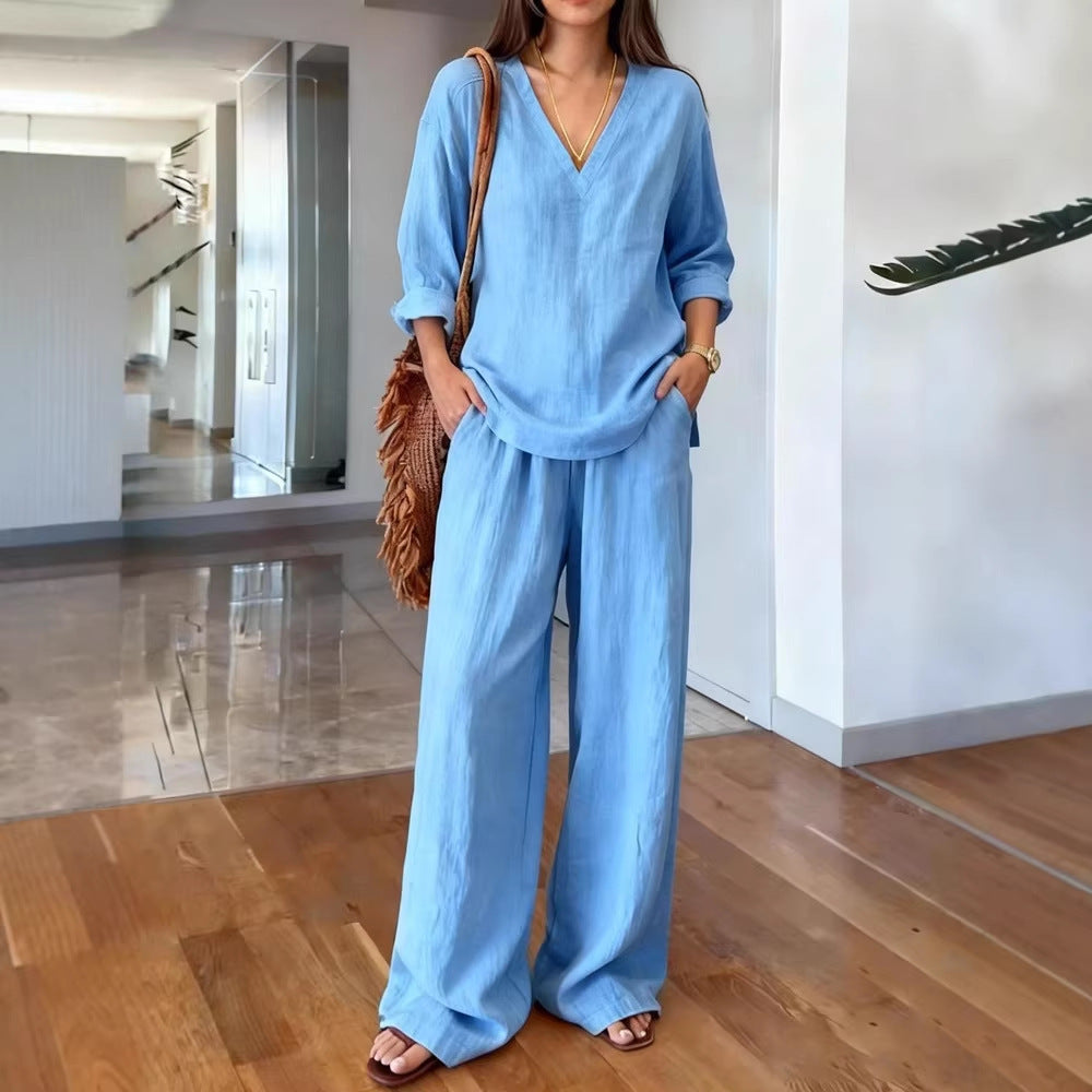 Women's Casual Linen Top and Wide Palazzo Pants Set Chic & Stil