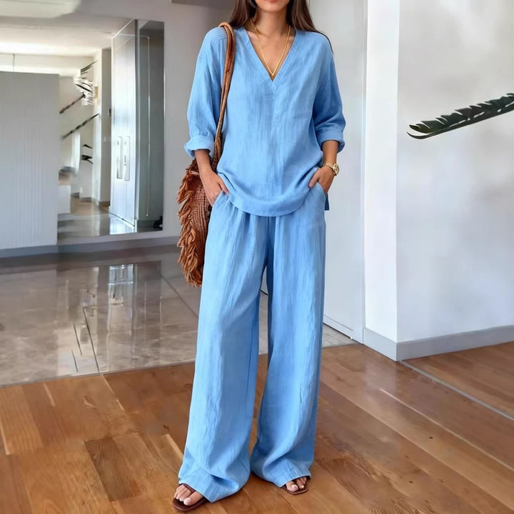 Women's Casual Linen Top and Wide Palazzo Pants Set Chic & Stil