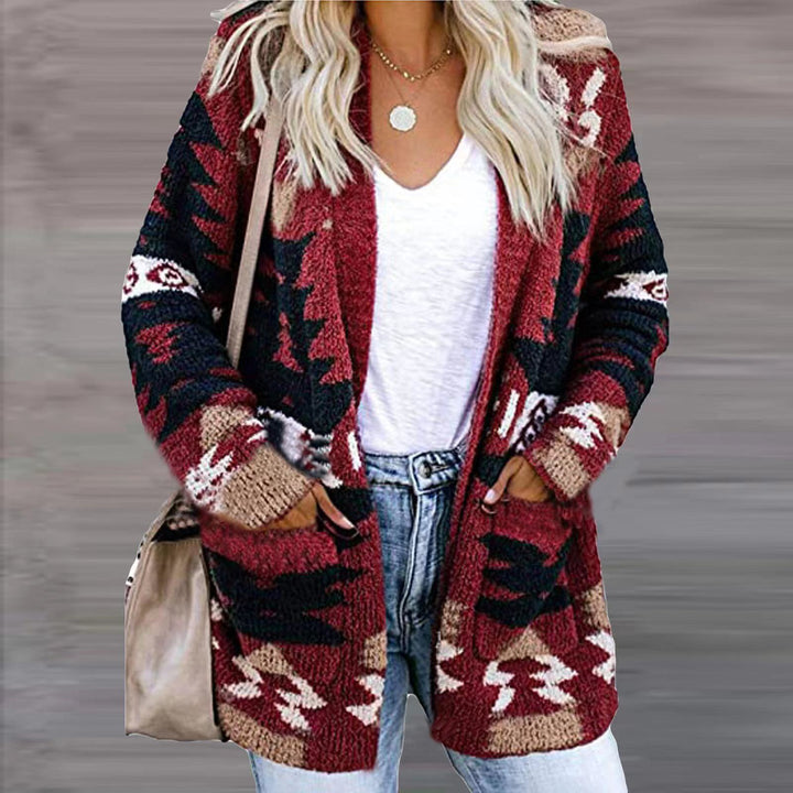 Ladies elegant cardigan with asymmetrical pattern and patch pockets Lune London