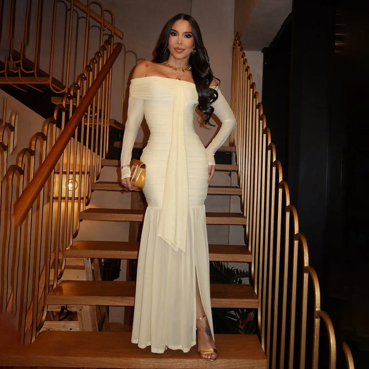 Elegant maxi dress for women with neckline design and refined draping Lune London
