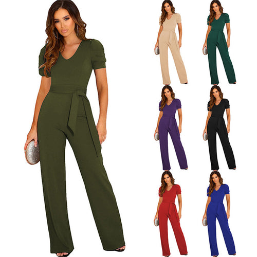 Elegant women's jumpsuit with waist belt and puff sleeves Lune London