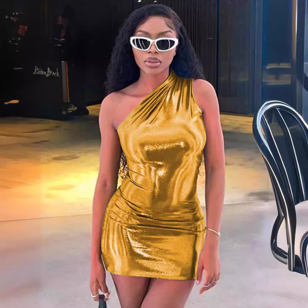 Metallic Bodycon Dress with One Shoulder Women Lune London