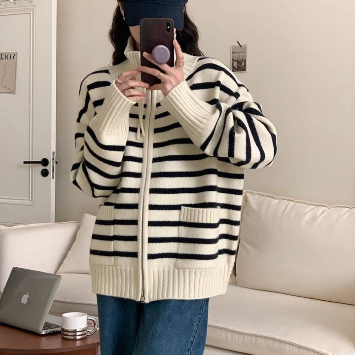 Women's knitted jacket with a modern striped pattern and practical pockets Lune London