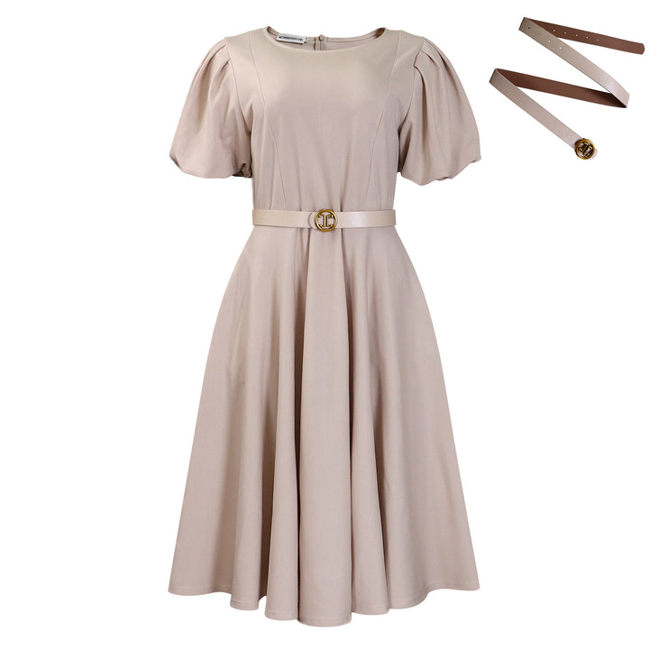 Midi dress for women with puff sleeves and a fitted belt Lune London