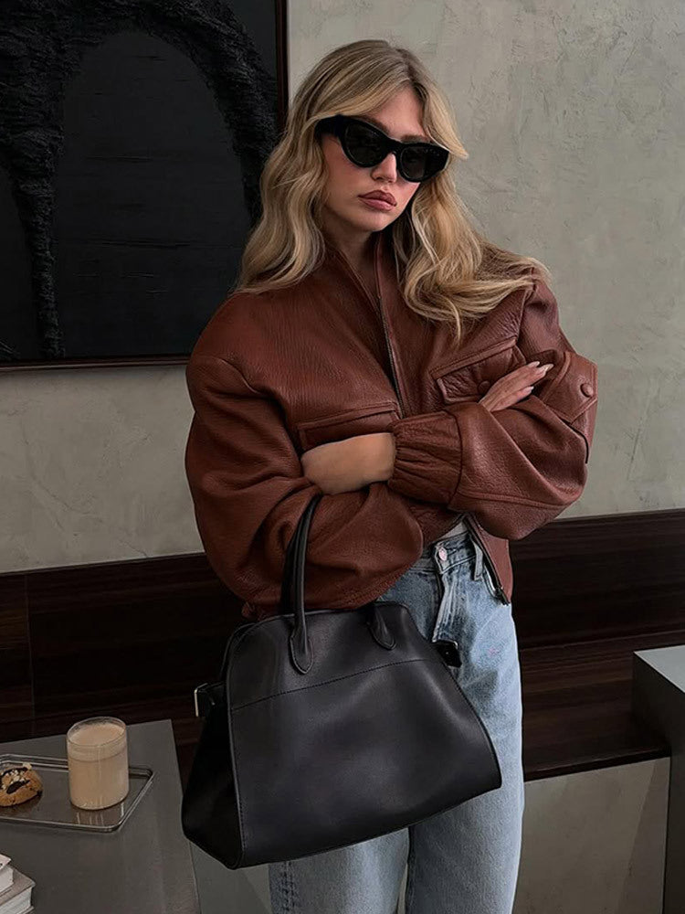 Casual leather jacket for women with voluminous sleeves Lune London