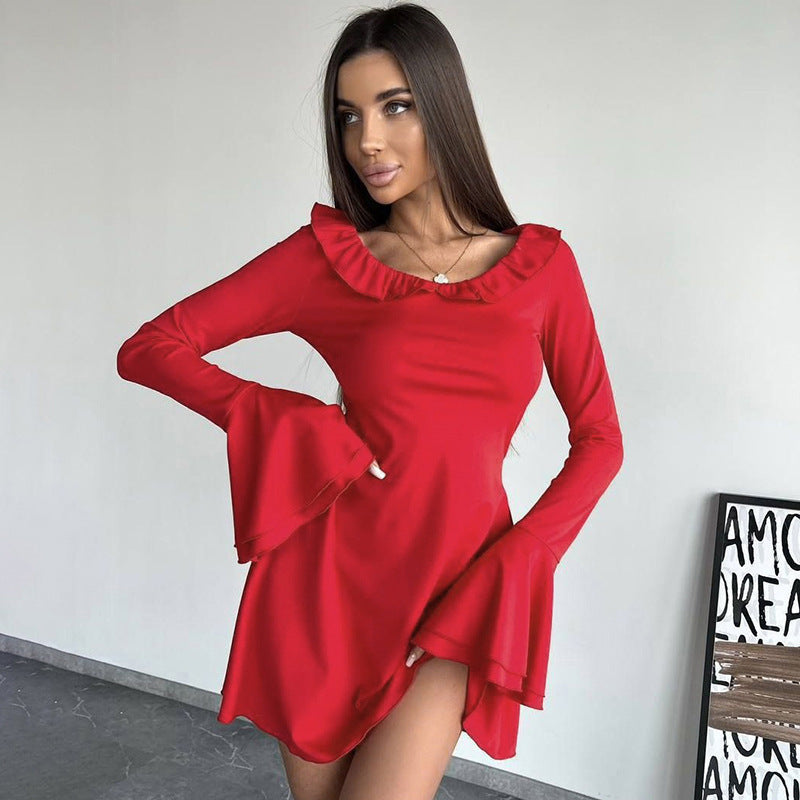 Off-shoulder dress for women with ruffle details and long sleeves Lune London