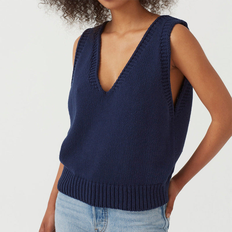 Women's stylish knit top with deep V-neck and wide straps Lune London