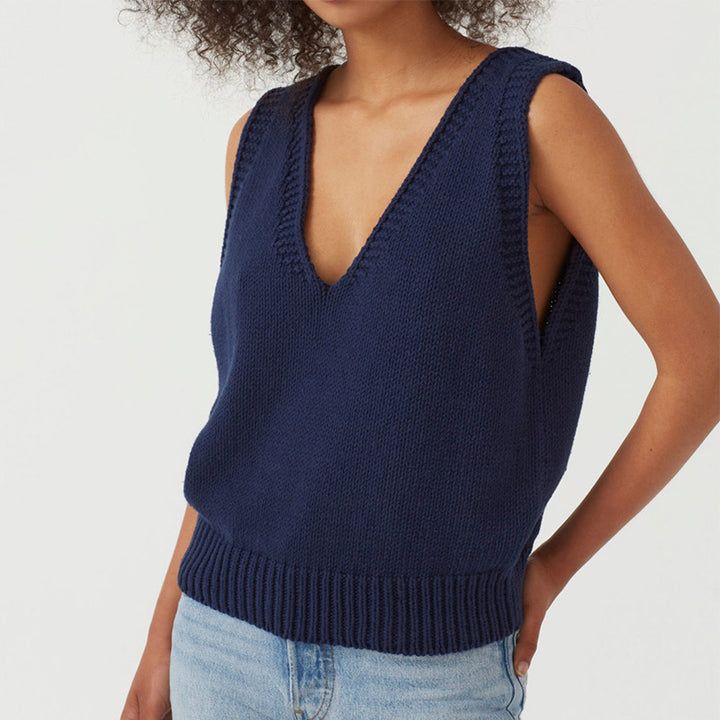 Women's stylish knit top with deep V-neck and wide straps Lune London