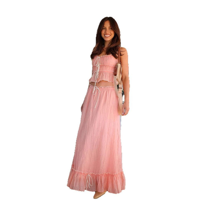 Chic & Style Adjustable Neckline Women's Airy Maxi Dress with Ruffle Details