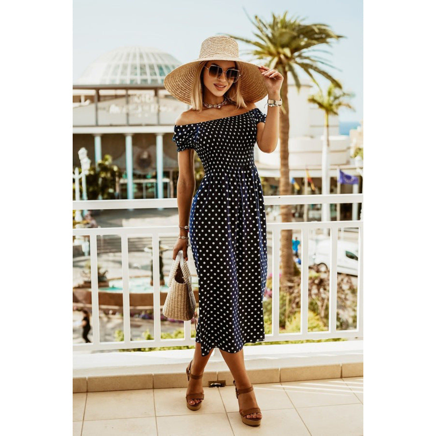 Maxi off-shoulder dress for women with tropical leaves Lune London