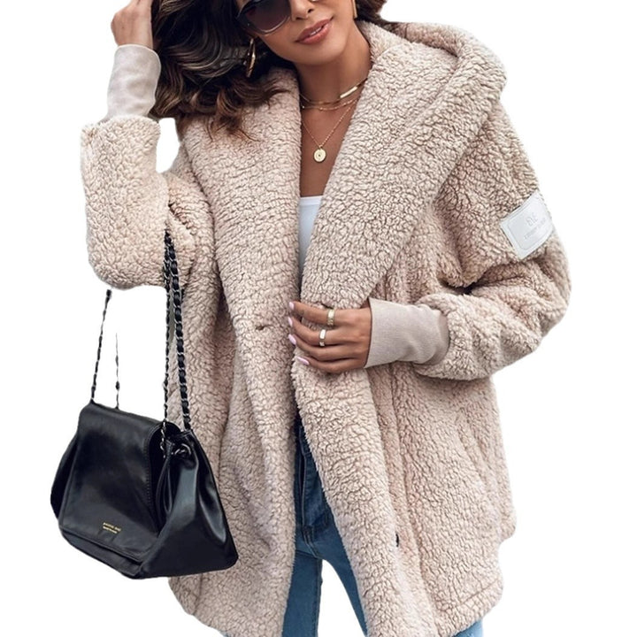 Ladies fluffy teddy jacket with oversized collar and practical pockets Lune London